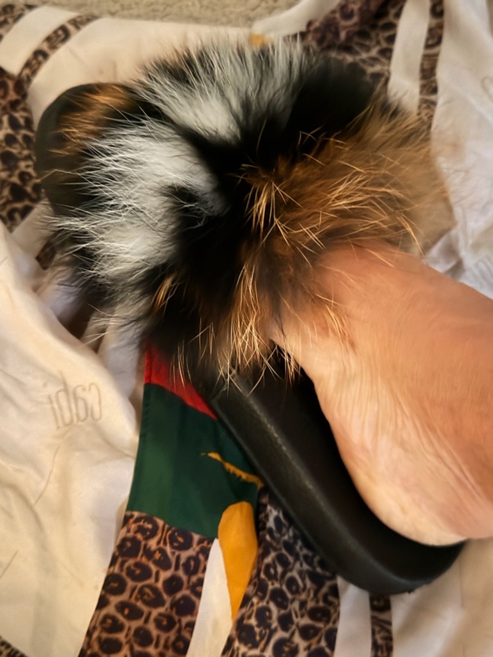 CAbi Black and White Fur Slide Sandals